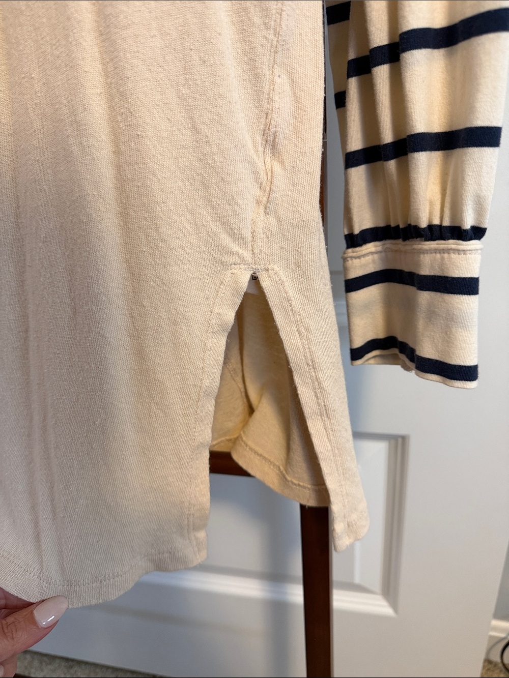 We The Free Cream Long-Sleeve Top with Blue Chest Panel and Navy Striped Sleeves - Picture 2 of 2